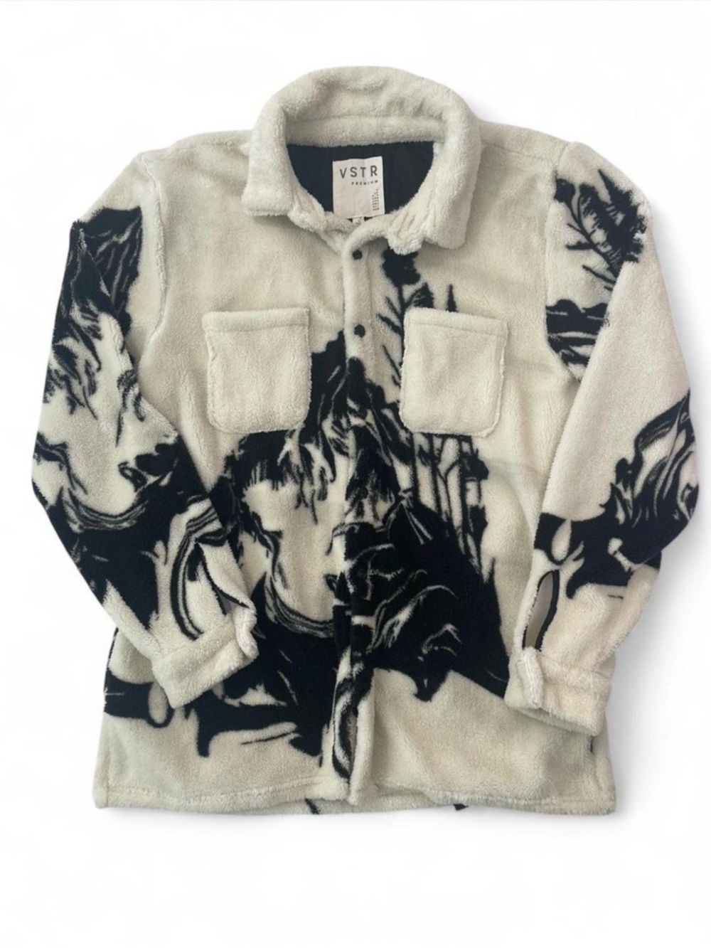 VSTR Cream & Black Patterned Fleece Shacket Mens size L, Cozy, Jacket, Outdoors